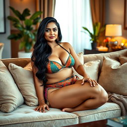 A confident and graceful Indian woman with a curvy body, sitting on a plush sofa in a stylish and sophisticated living room