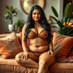 A confident and graceful Indian woman with a curvy body, sitting on a plush sofa in a stylish and sophisticated living room