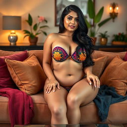 A confident and graceful Indian woman with a curvy body, sitting on a plush sofa in a stylish and sophisticated living room