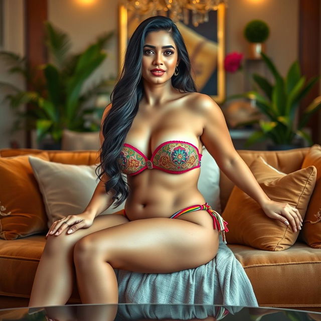 A confident and graceful Indian woman with a curvy body, sitting on a plush sofa in a stylish and sophisticated living room