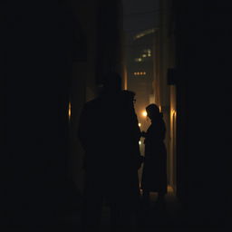 A shadowy and dramatic representation of a group of people plotting something sinister in a dimly lit alleyway