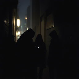 A shadowy and dramatic representation of a group of people plotting something sinister in a dimly lit alleyway