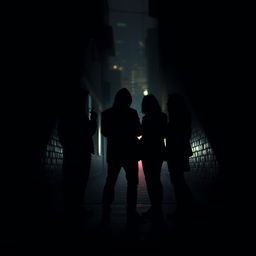 A shadowy and dramatic representation of a group of people plotting something sinister in a dimly lit alleyway