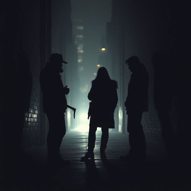 A shadowy and dramatic representation of a group of people plotting something sinister in a dimly lit alleyway