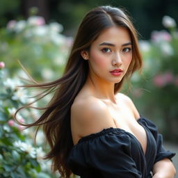 A beautiful woman with an elegant pose, showcasing her natural beauty in an artistic manner