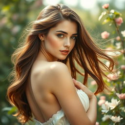 A beautiful woman with an elegant pose, showcasing her natural beauty in an artistic manner