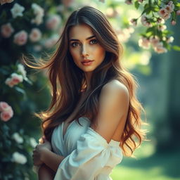 A beautiful woman with an elegant pose, showcasing her natural beauty in an artistic manner