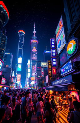 A vibrant and bustling nightlife scene capturing a city with 1 billion lights and energy, showcasing skyscrapers illuminated with colorful neon signs, busy streets filled with people enjoying the nightlife, a lively street with bars and cafés, and a beautiful night sky full of stars