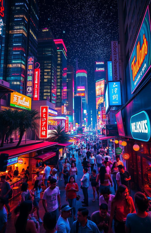 A vibrant and bustling nightlife scene capturing a city with 1 billion lights and energy, showcasing skyscrapers illuminated with colorful neon signs, busy streets filled with people enjoying the nightlife, a lively street with bars and cafés, and a beautiful night sky full of stars