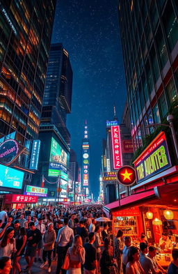 A vibrant and bustling nightlife scene capturing a city with 1 billion lights and energy, showcasing skyscrapers illuminated with colorful neon signs, busy streets filled with people enjoying the nightlife, a lively street with bars and cafés, and a beautiful night sky full of stars