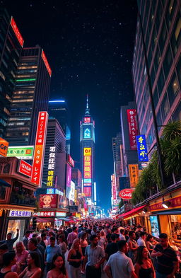 A vibrant and bustling nightlife scene capturing a city with 1 billion lights and energy, showcasing skyscrapers illuminated with colorful neon signs, busy streets filled with people enjoying the nightlife, a lively street with bars and cafés, and a beautiful night sky full of stars