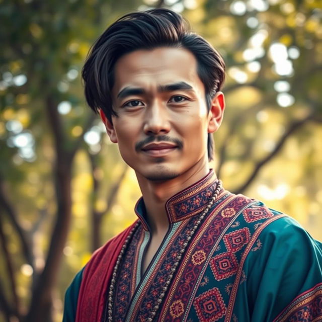 A portrait of a man in traditional attire, showcasing cultural richness, with intricate details in the fabric and vibrant colors