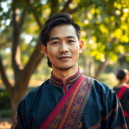 A portrait of a man in traditional attire, showcasing cultural richness, with intricate details in the fabric and vibrant colors
