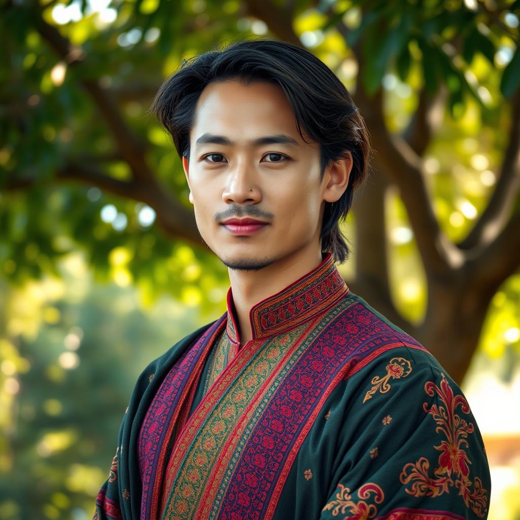 A portrait of a man in traditional attire, showcasing cultural richness, with intricate details in the fabric and vibrant colors