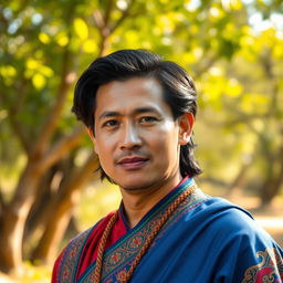 A portrait of a man in traditional attire, showcasing cultural richness, with intricate details in the fabric and vibrant colors