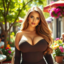 A beautiful woman with very large, round breasts, exuding confidence and charm