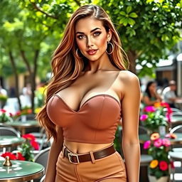 A beautiful woman with very large, round breasts, exuding confidence and charm