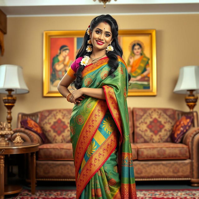 A traditional aunty character wearing a colorful saree, with intricate patterns, standing confidently in a living room adorned with elegant decor