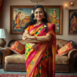 A traditional aunty character wearing a colorful saree, with intricate patterns, standing confidently in a living room adorned with elegant decor