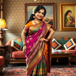 A traditional aunty character wearing a colorful saree, with intricate patterns, standing confidently in a living room adorned with elegant decor