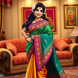 A traditional aunty character wearing a colorful saree, with intricate patterns, standing confidently in a living room adorned with elegant decor