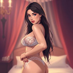 A provocative illustration of a confident woman with an alluring look, showcasing her curves with elegance and sensuality