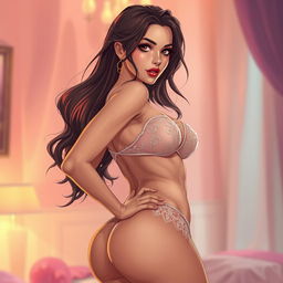 A provocative illustration of a confident woman with an alluring look, showcasing her curves with elegance and sensuality