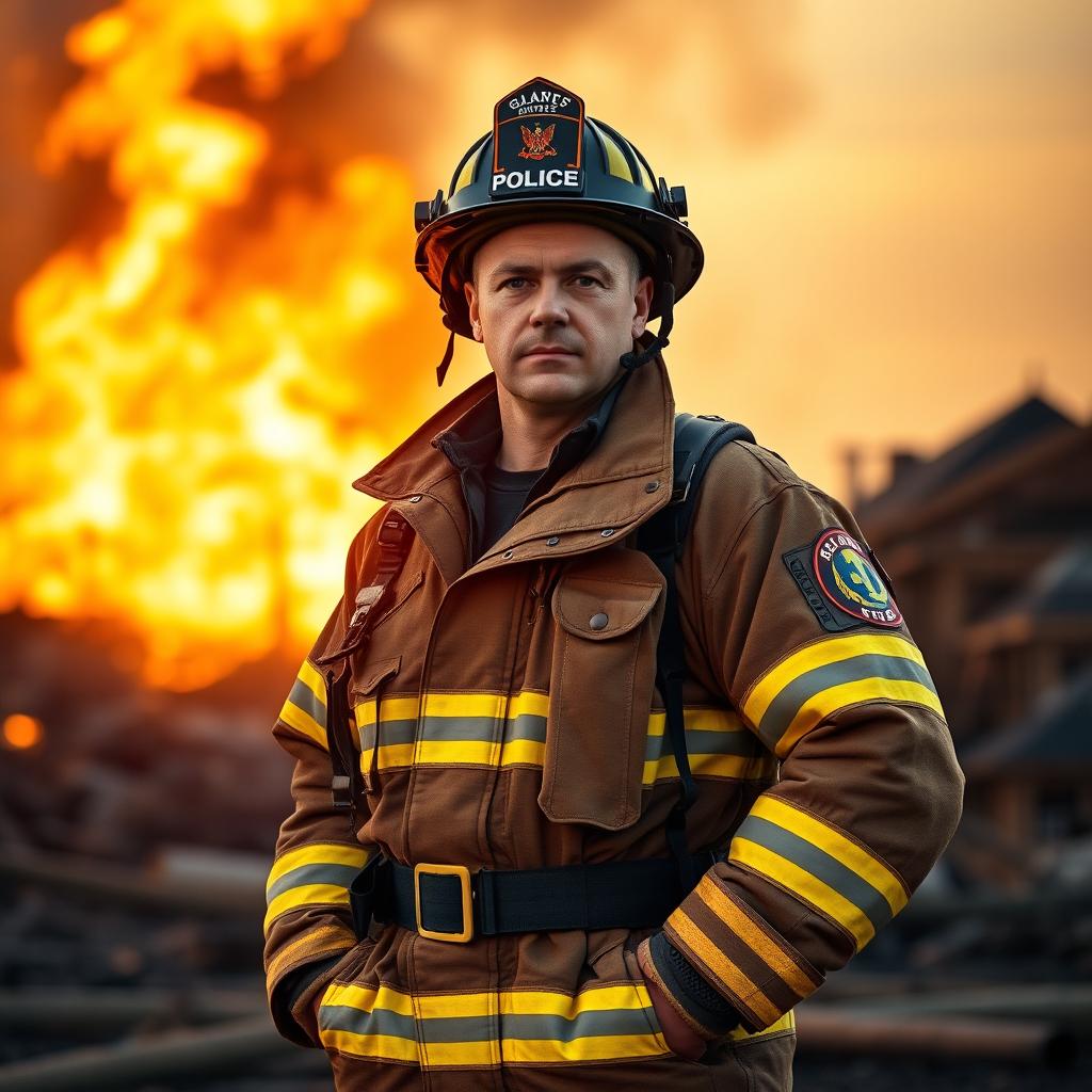 A strong and heroic fire officer standing confidently in full firefighting gear, including a helmet, jacket, and boots