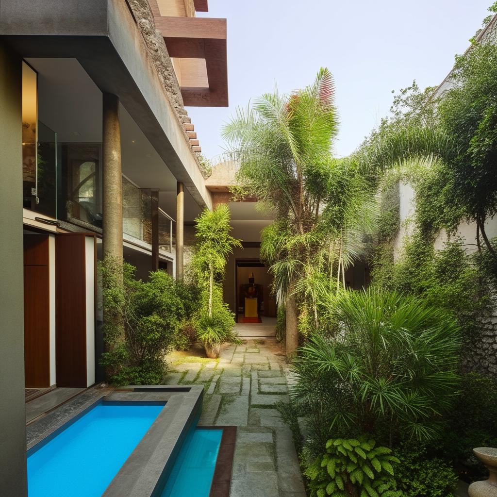 A three-bedroom house with a ground floor possessing an extravagant bathroom-based swimming pool, a serene courtyard, a spiritual mandir, and a well-equipped servant quarter.