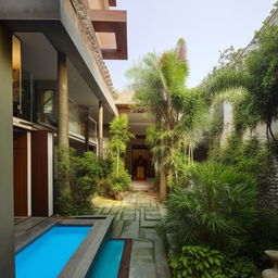 A three-bedroom house with a ground floor possessing an extravagant bathroom-based swimming pool, a serene courtyard, a spiritual mandir, and a well-equipped servant quarter.