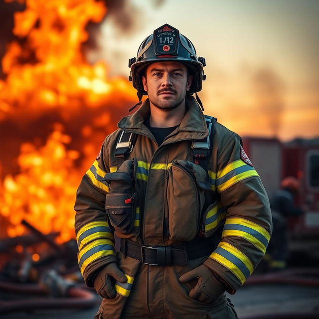 A strong and heroic fire officer standing confidently in full firefighting gear, including a helmet, jacket, and boots