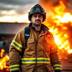 A strong and heroic fire officer standing confidently in full firefighting gear, including a helmet, jacket, and boots