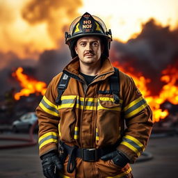 A strong and heroic fire officer standing confidently in full firefighting gear, including a helmet, jacket, and boots