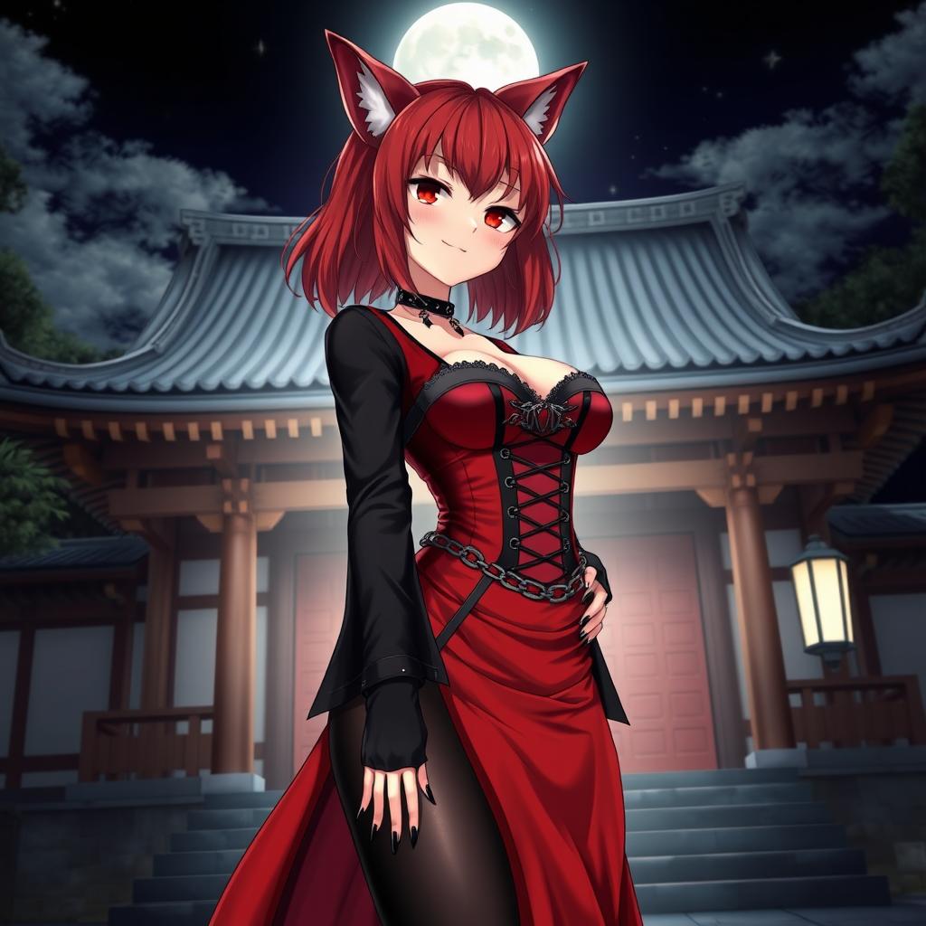 A sexy gothic anime girl, Kitsune, with shoulder-length red hair and captivating fiery red eyes, standing outside a traditional Japanese temple at night