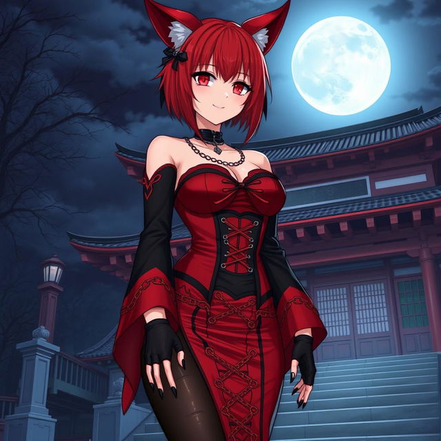 A sexy gothic anime girl, Kitsune, with shoulder-length red hair and captivating fiery red eyes, standing outside a traditional Japanese temple at night