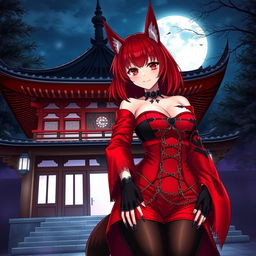 A sexy gothic anime girl, Kitsune, with shoulder-length red hair and captivating fiery red eyes, standing outside a traditional Japanese temple at night