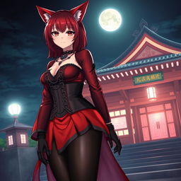 A sexy gothic anime girl, Kitsune, with shoulder-length red hair and captivating fiery red eyes, standing outside a traditional Japanese temple at night