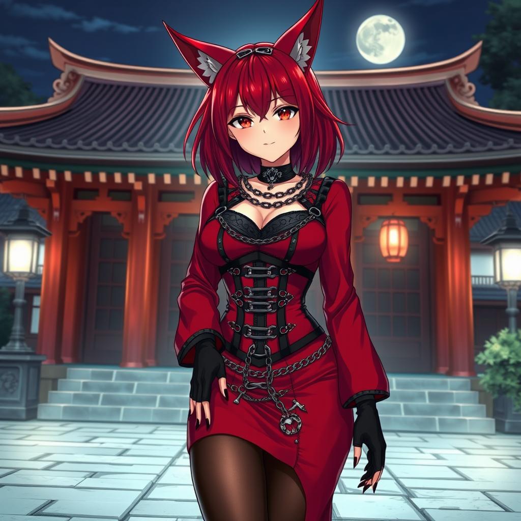 A sexy gothic anime girl, Kitsune, with shoulder-length red hair and enchanting fiery red eyes, posed outside a traditional Japanese temple at night