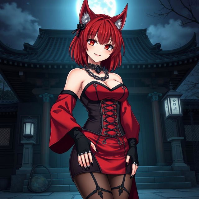 A sexy gothic anime girl, Kitsune, with shoulder-length red hair and enchanting fiery red eyes, posed outside a traditional Japanese temple at night