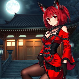 A sexy gothic anime girl, Kitsune, with shoulder-length red hair and enchanting fiery red eyes, posed outside a traditional Japanese temple at night