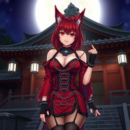 A sexy gothic anime girl, Kitsune, with shoulder-length red hair and enchanting fiery red eyes, posed outside a traditional Japanese temple at night