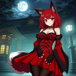 A sexy gothic anime girl Kitsune with shoulder length red hair wearing a striking red and black Japanese style dress adorned with chains and long sleeves