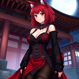 A sexy gothic anime girl Kitsune with shoulder length red hair wearing a striking red and black Japanese style dress adorned with chains and long sleeves