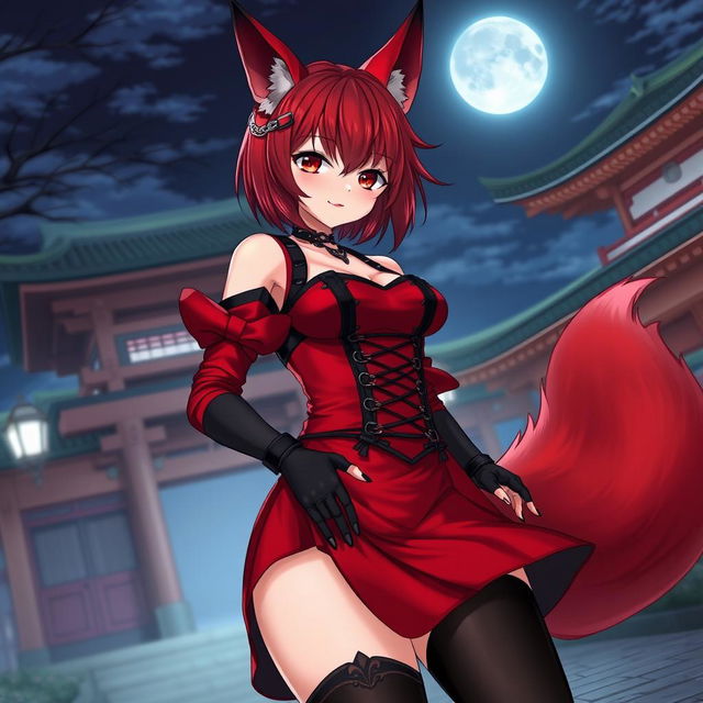 A sexy gothic anime girl Kitsune with shoulder length red hair wearing a striking red and black Japanese style dress adorned with chains and long sleeves