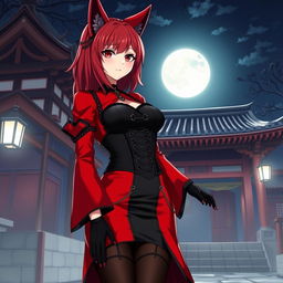A sexy gothic anime girl Kitsune with shoulder length red hair wearing a striking red and black Japanese style dress adorned with chains and long sleeves
