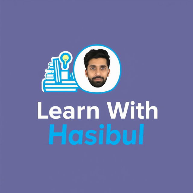 A sleek and modern logo for a YouTube channel titled 'Learn With Hasibul', featuring an edited version of the user's photo