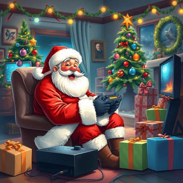 A beautifully detailed and vibrant illustration of Santa Claus engaging with a gaming scenario, surrounded by a lively, festive atmosphere