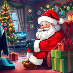 A beautifully detailed and vibrant illustration of Santa Claus engaging with a gaming scenario, surrounded by a lively, festive atmosphere