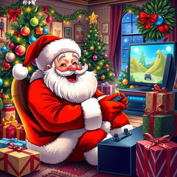 A beautifully detailed and vibrant illustration of Santa Claus engaging with a gaming scenario, surrounded by a lively, festive atmosphere
