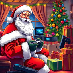 A beautifully detailed and vibrant illustration of Santa Claus engaging with a gaming scenario, surrounded by a lively, festive atmosphere